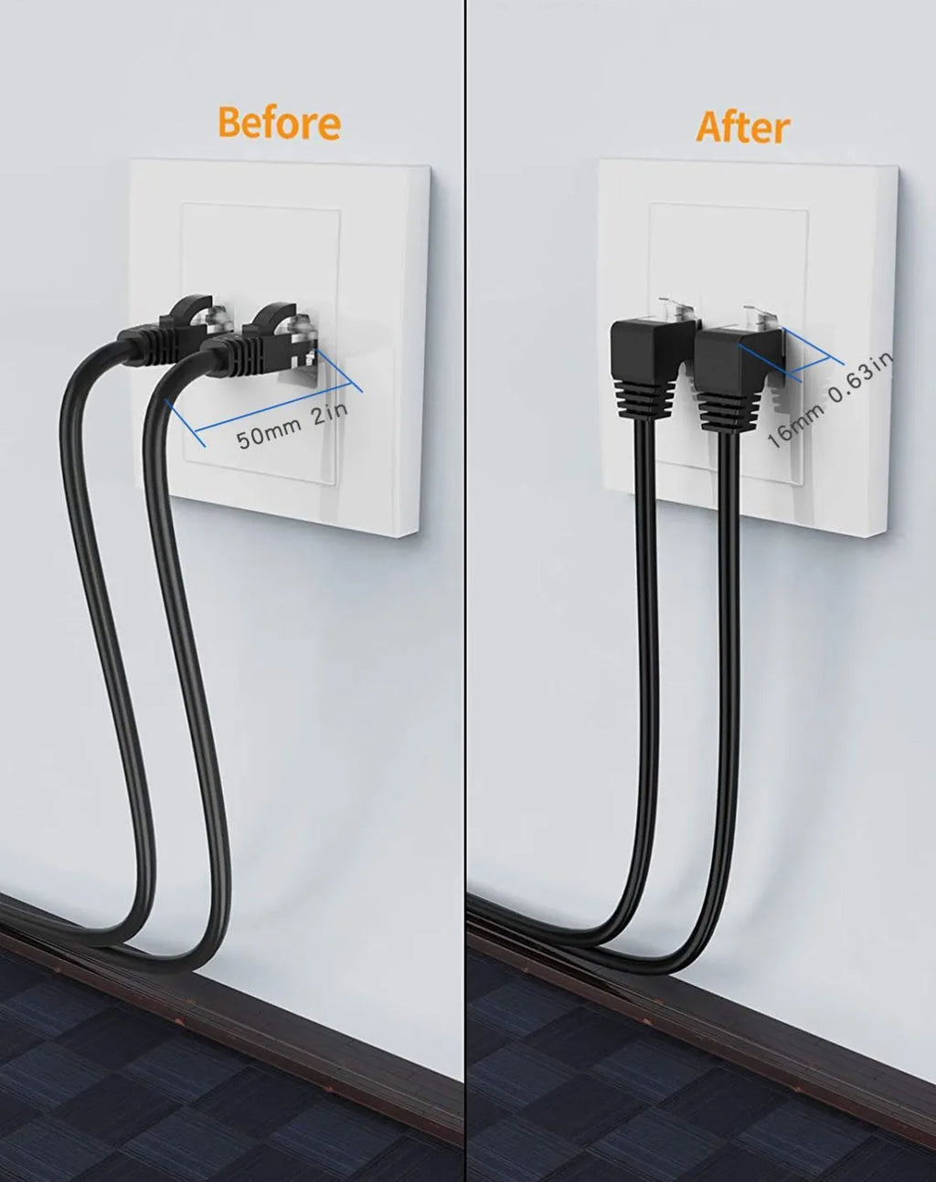 Cat6 Ethernet cable with right-angle metal RJ45 connector in black, available in multiple lengths