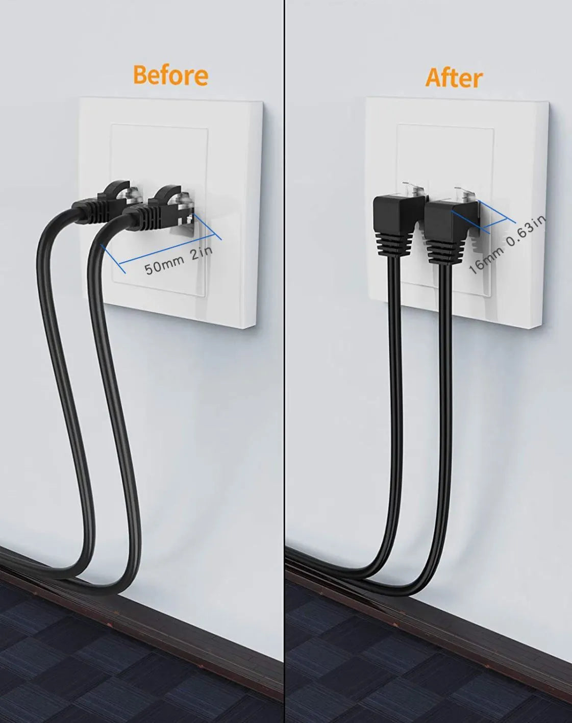 Cat6 Ethernet cable with right-angle metal RJ45 connector in black, available in multiple lengths