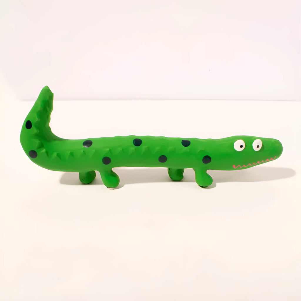 Green latex lizard-shaped dog chew toy with squeaker for aggressive chewers