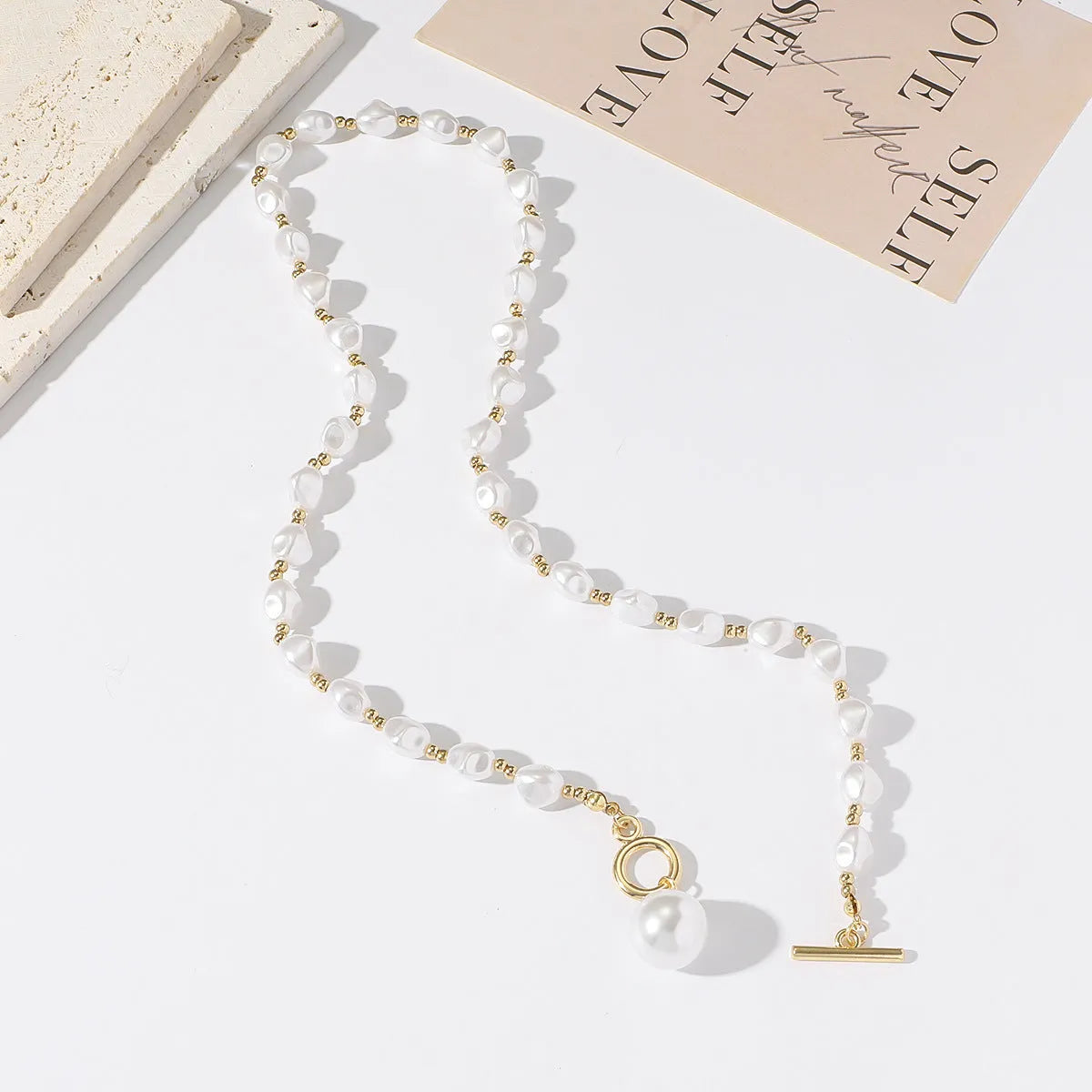 T-shaped buckle handmade imitation pearl necklace women's fashion pearl chain pendant