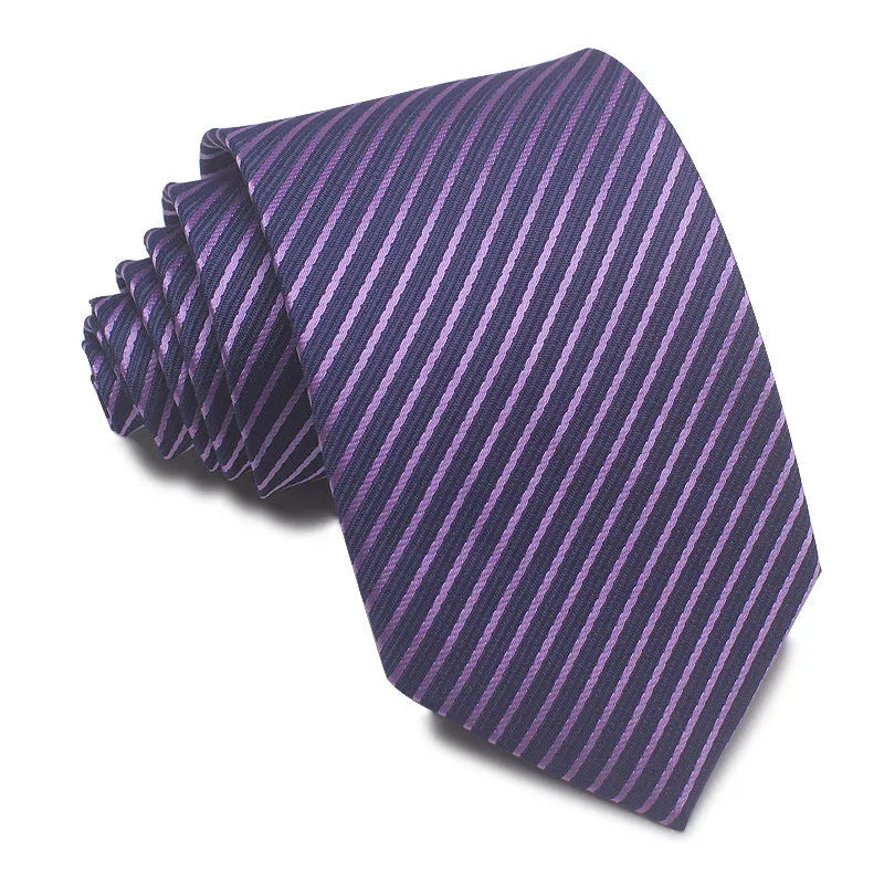 A man's striped formal tie in an arrow style, showing the jacquard texture and width of 7-8 cm.