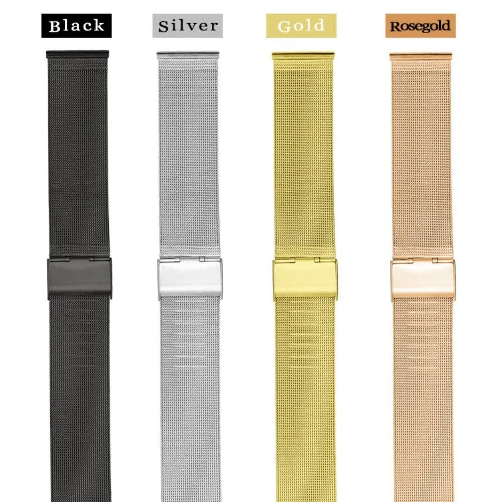 Milani silk woven stainless steel watch band in silver, black, rose gold, or gold with six width options