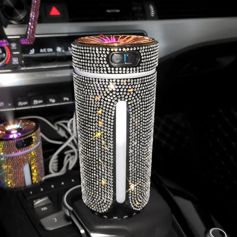 Luxury diamond rhinestone car humidifier with LED light, USB powered, 15x7x7cm, multi-colour options