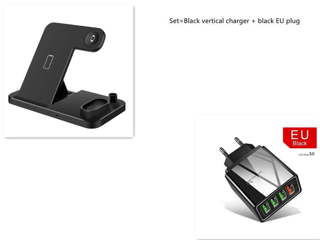 4-in-1 wireless charging station showing phone on adjustable stand, with Apple Watch, AirPods, and Apple Pencil on their charging spots.