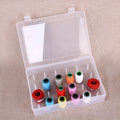 Plastic storage box with 42 compartments for organising embroidery threads and sewing kit items.