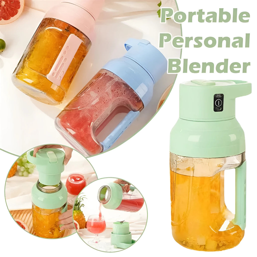 Portable electric juicer blender with 1500ml capacity in emerald green colour, showing USB charging port and double handles.
