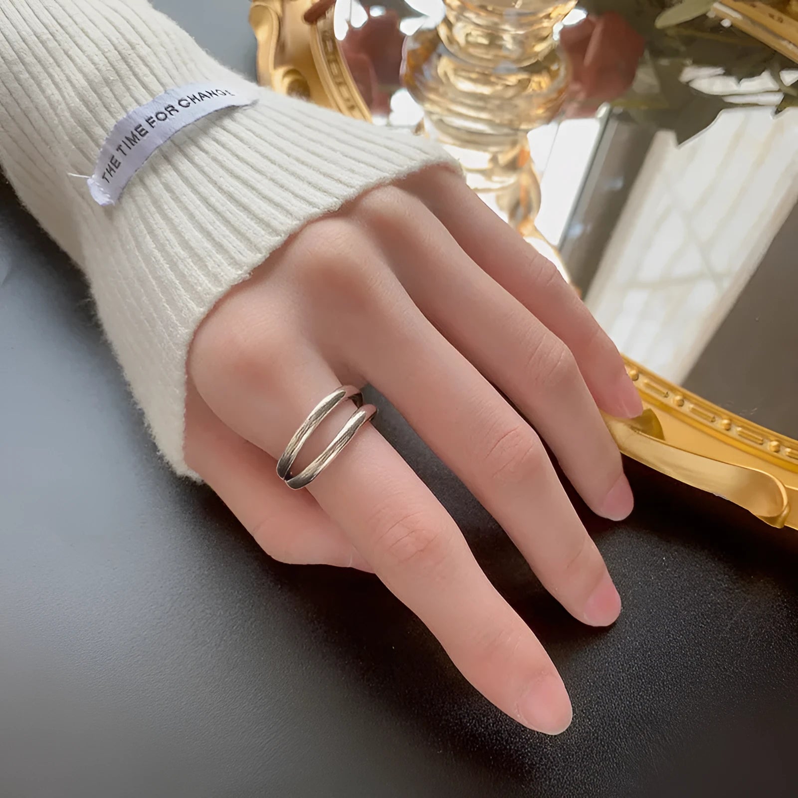 Women's double layer hollow geometry ring in retro electroplated copper with adjustable opening