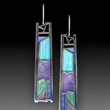 Women's silver irregular water drop earrings with oil colour effects