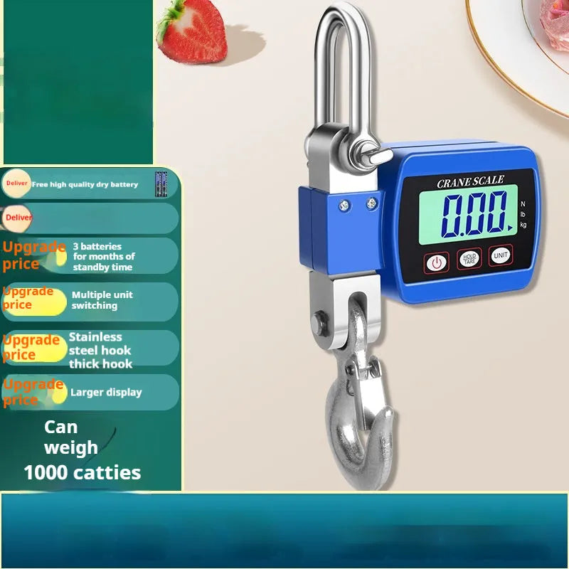 Blue digital hanging hook scale with LCD display showing weight, measuring 22cm long.