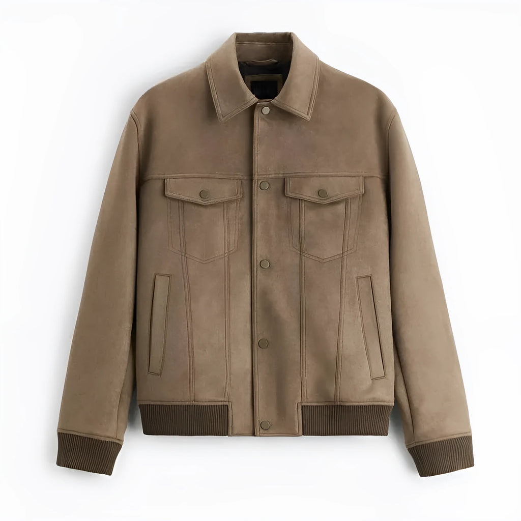British style long sleeve suede velvet jacket in mink colour on a hanger.