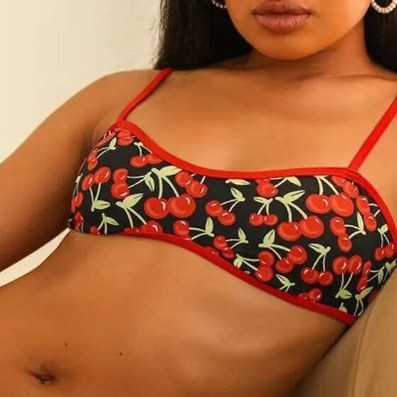 Women's cherry print tube top bikini swimsuit in polyester fabric