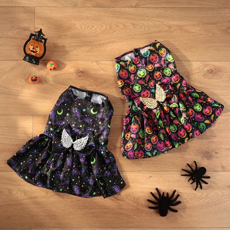Orange and black Halloween dog costume with angel wings, shown in bright pumpkin and bright bat colours.