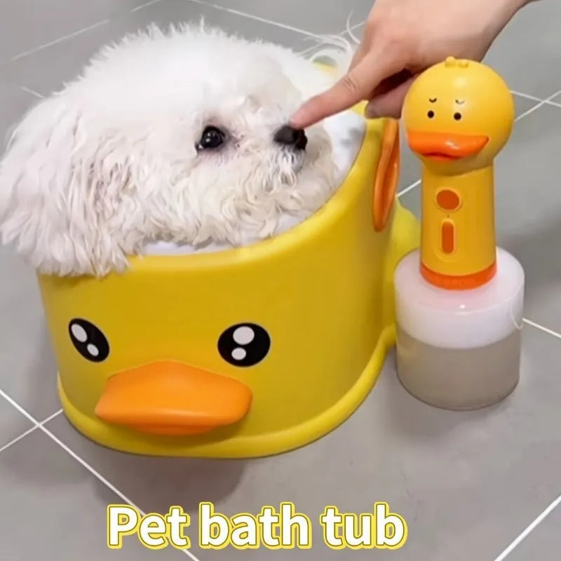 Blue PVC duck-shaped bathtub for washing a dog or cat