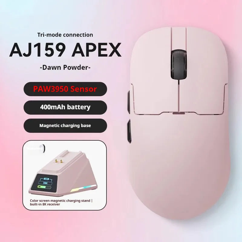 AJ159 tri-mode gaming mouse in various colours showing compact design with PAW3395 sensor