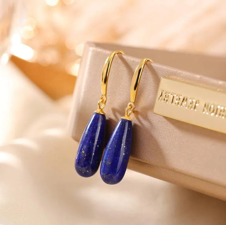 Gold-plated silver drop earrings with natural lapis lazuli stone in geometric water droplet shape