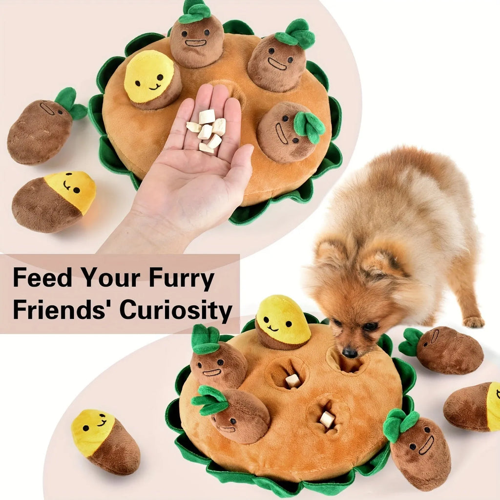 Yellow interactive dog puzzle toy with removable squeaky plush toys on polyester foraging and feeding mat