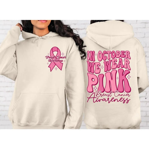 Pink Breast Cancer Awareness hoodie with retro design and side pocket