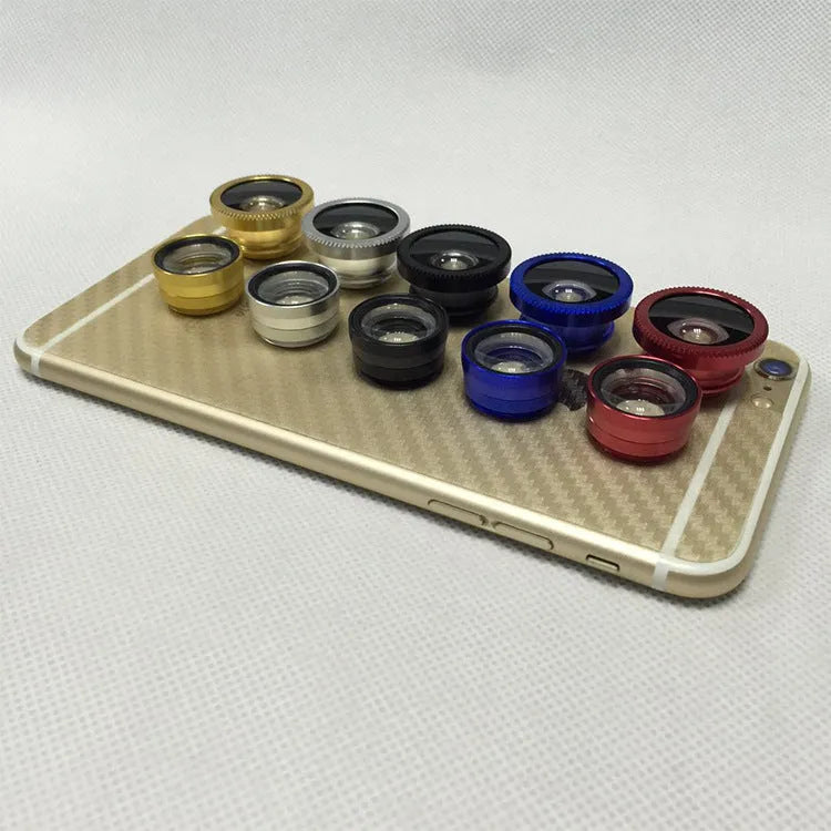 Mobile phone fisheye lens three-in-one kit with wide-angle and macro attachments in multiple colour options