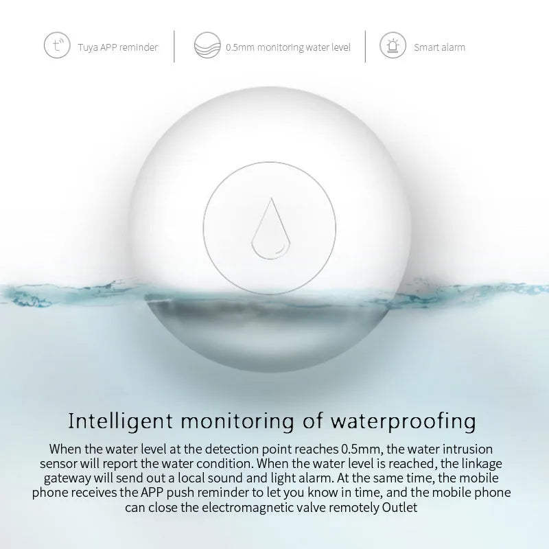 Zigbee wireless water sensor flood detector with compact PC housing measuring 50mm by 17mm
