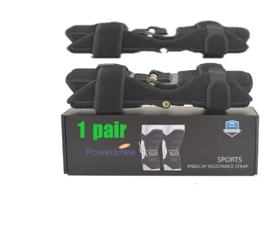 Adjustable spring knee brace support for mountaineering and sports, shown in black with breathable fabric.