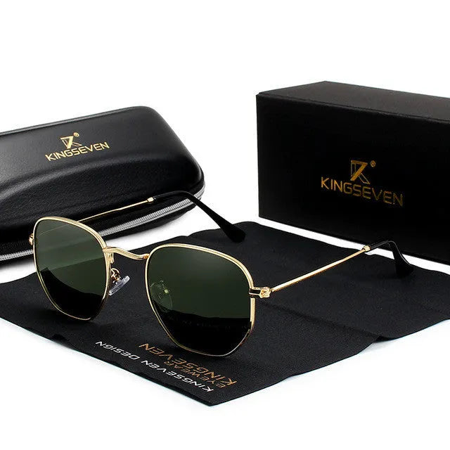 Classic round retro sunglasses for men in gun grey finish with UV400 lenses on a wooden table.