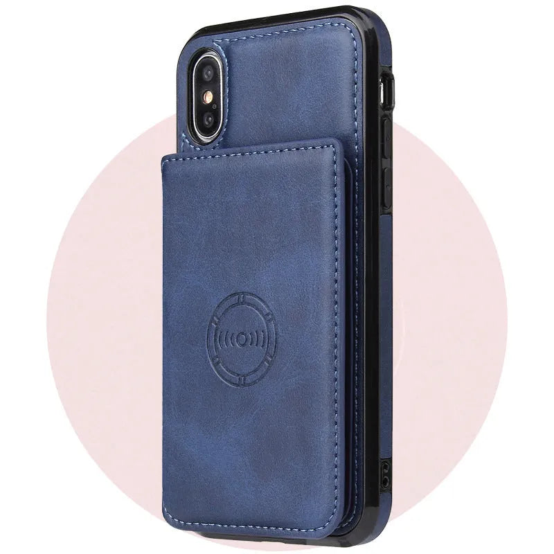 Imitation leather card wallet phone case for iPhone in solid colours like black and blue, showing card slot.