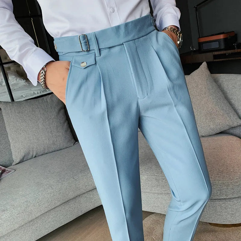 Men's straight leg polyester trousers in solid colours showing front and side views