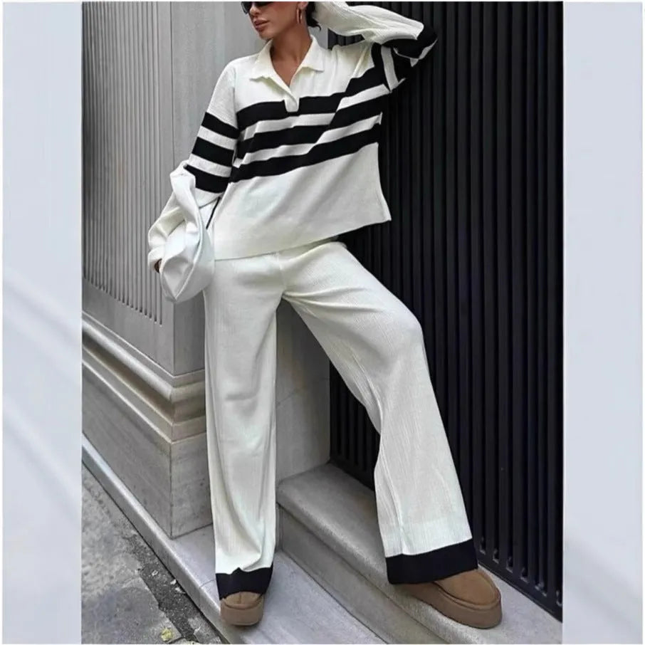 Women's black and white striped knitted polo collar two-piece set with long sleeves and trousers