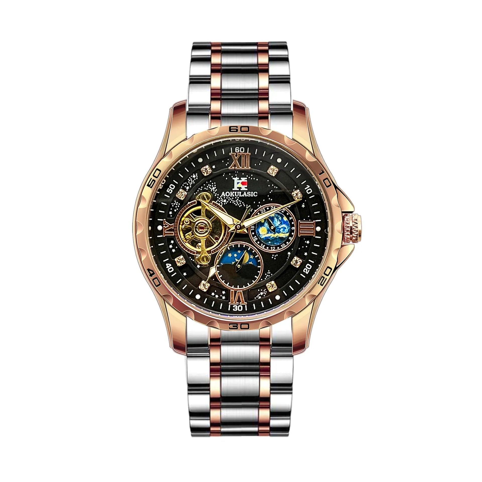 Men's automatic mechanical watch with rose gold case, black dial, and large display.
