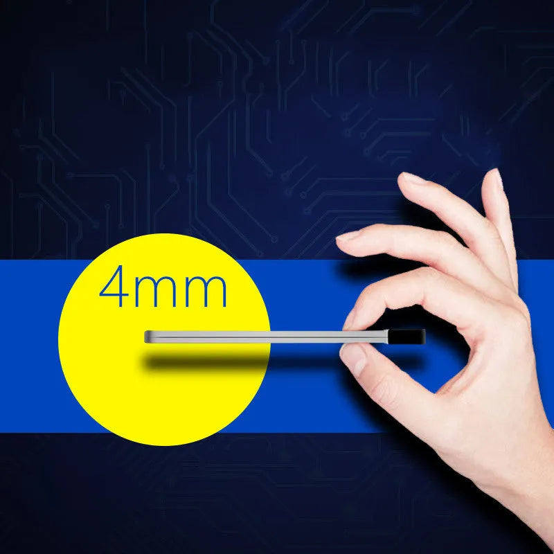 Sliver-coloured graphene battery power bank, 4000mAh capacity, shown next to a mobile phone.