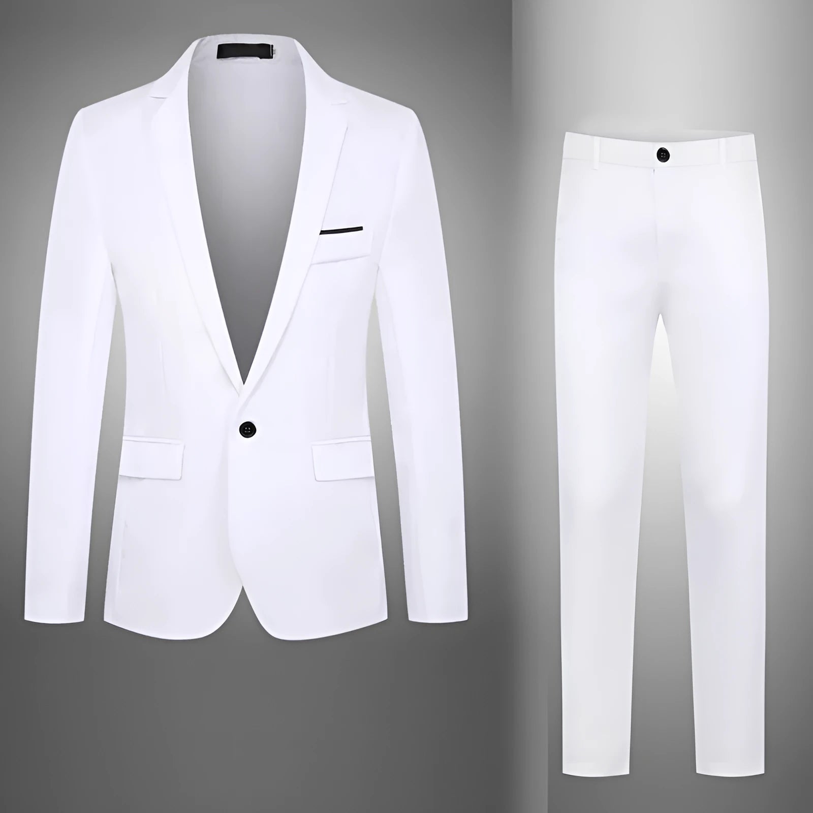 Men's loose-fit wedding suit jacket in various colours including black, blue, grey, and wine red.