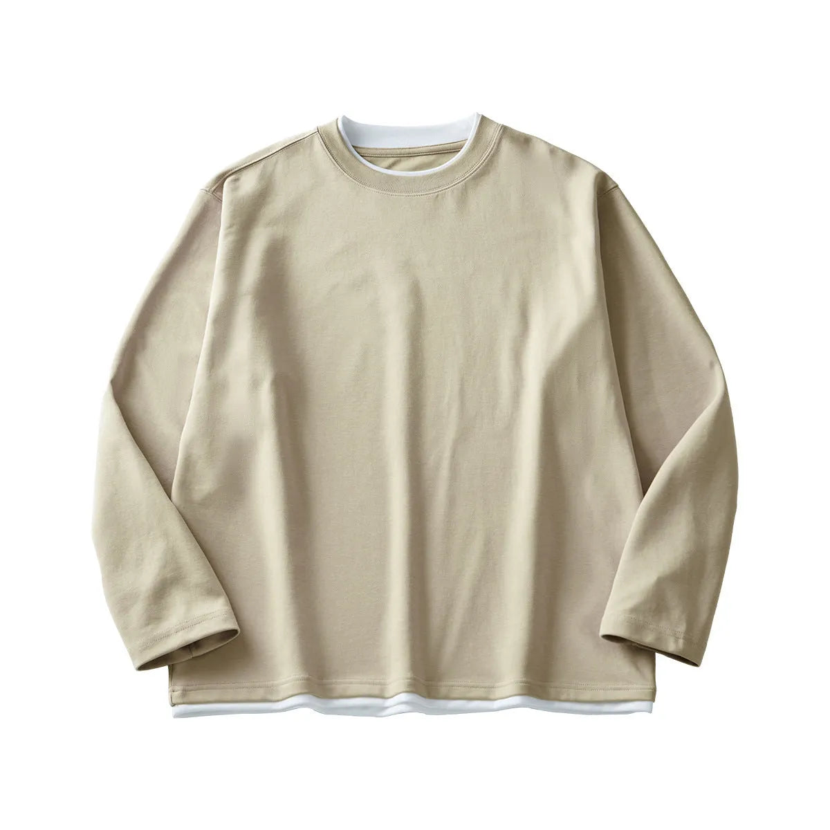Man wearing a loose grey long-sleeved cotton blend T-shirt with a round neck.