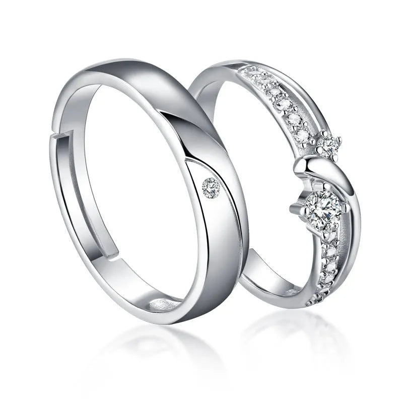 Simple sterling silver couple ring with diamond inlay in white gold finish