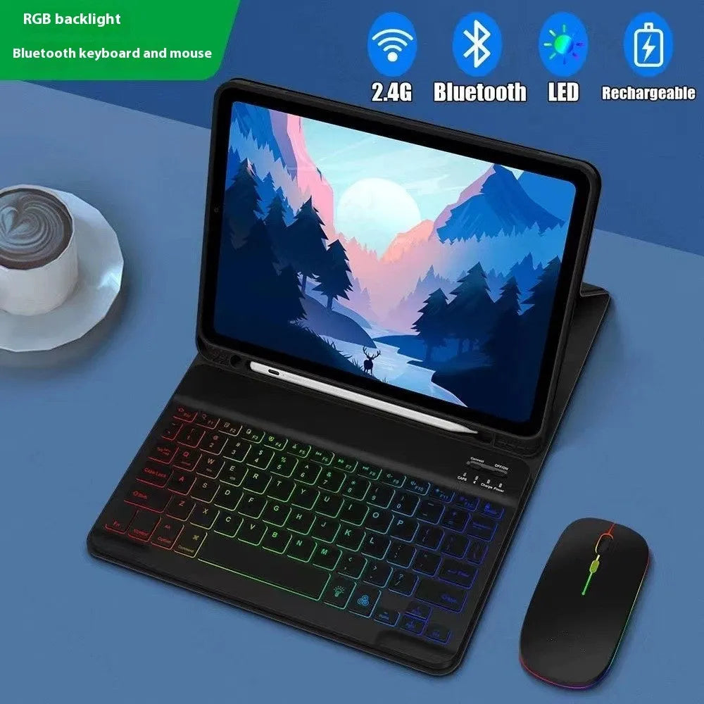 iPad in a colourful TPU leather case with a built-in RGB backlit Bluetooth keyboard and a flip-out stand.