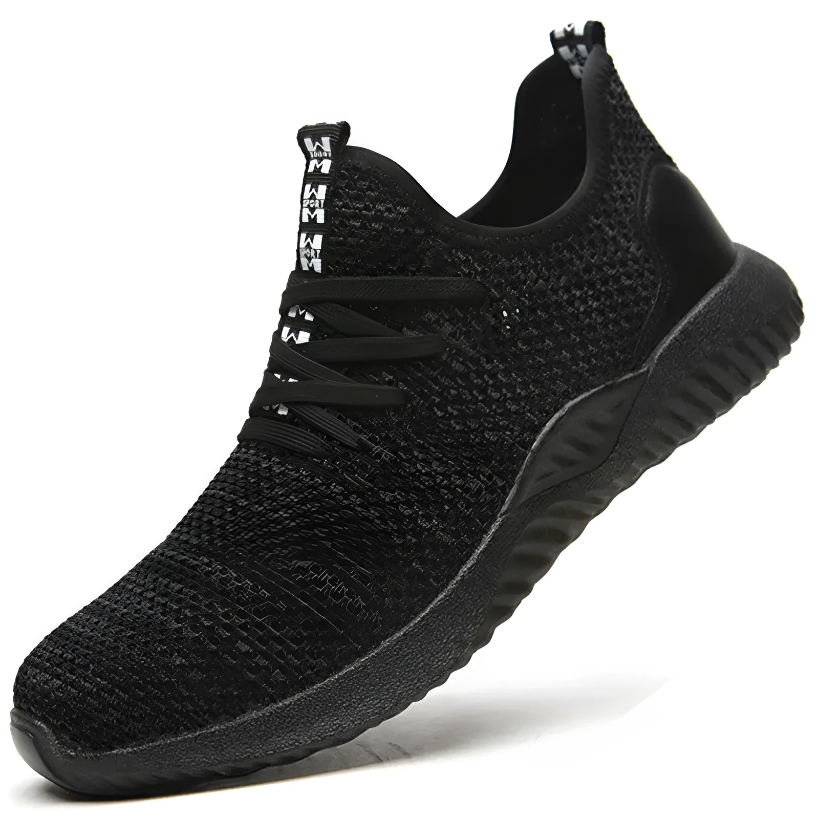 Low-cut black safety work shoes with a steel toe cap on a grey background.