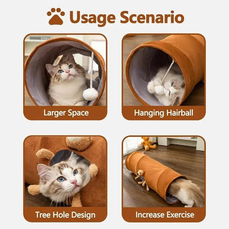 Collapsible cat tunnel with plush ball toy in brown or grey colour options