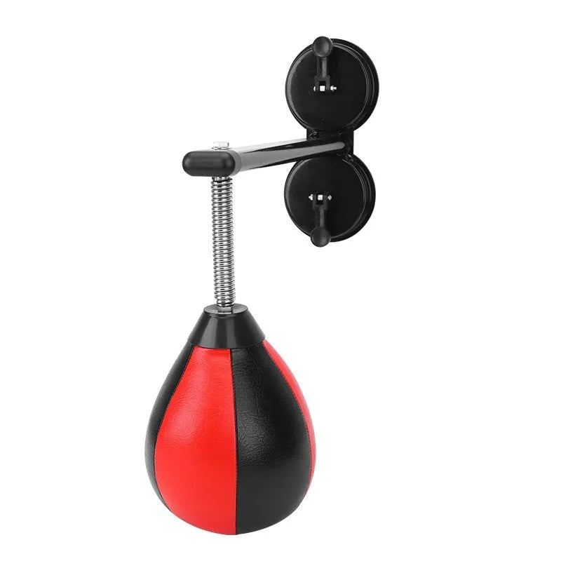 Red and black pear-shaped inflatable boxing ball with elastic cord and suction cup mounting system