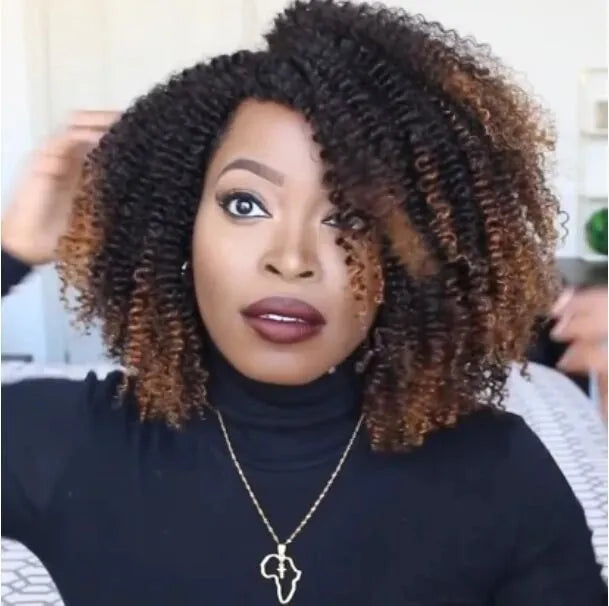Short curly explosion wig for women with long bang in black to brown gradient colour