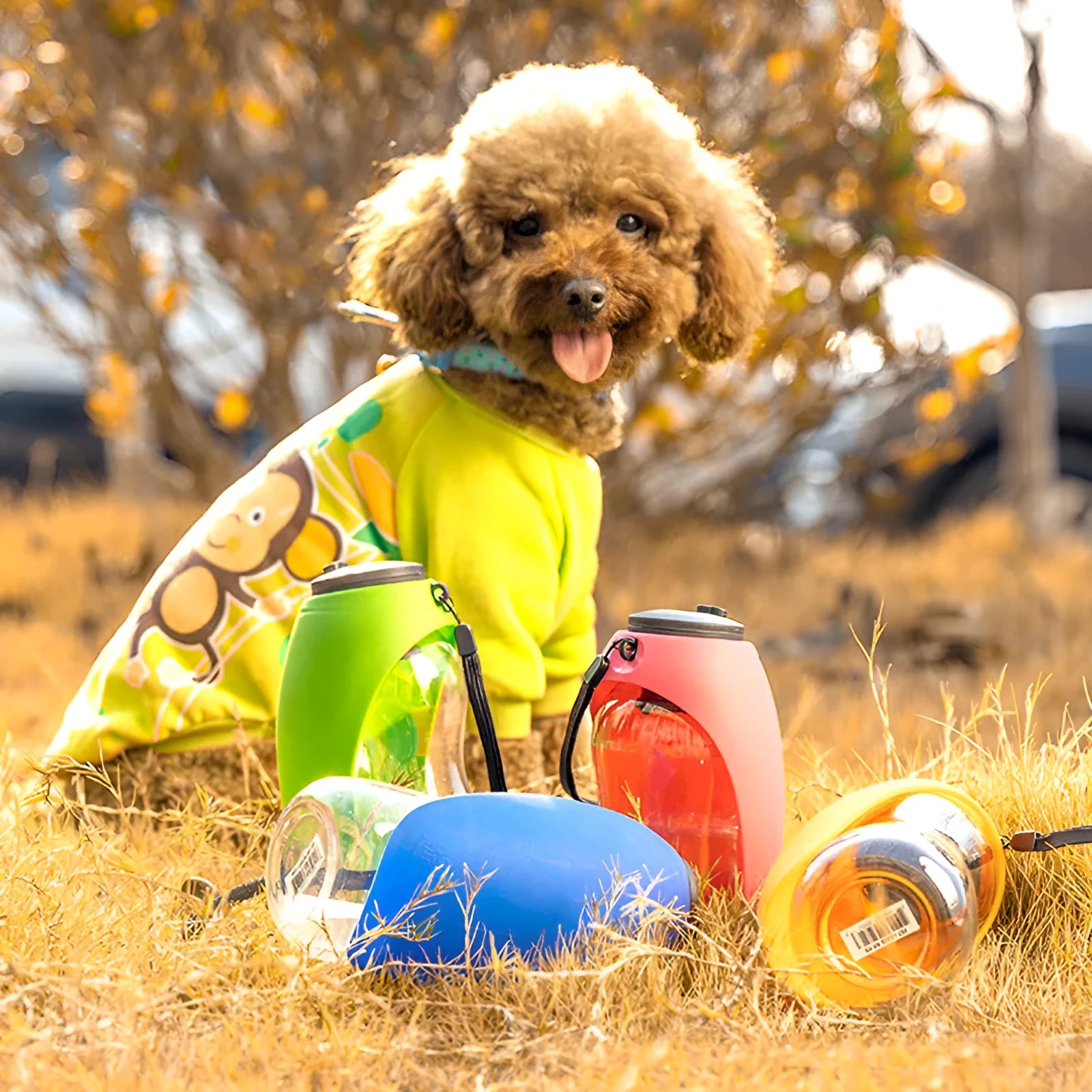 Portable pet water bottle with drinking bowl in blue, green, red, or orange colours