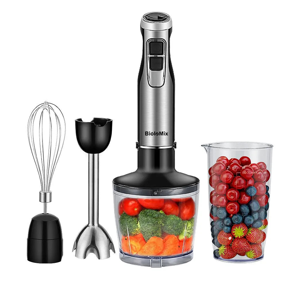 Silver Biolomix hand blender kit with motor unit, stainless steel shaft, whisk, chopper bowl, and blending beaker.