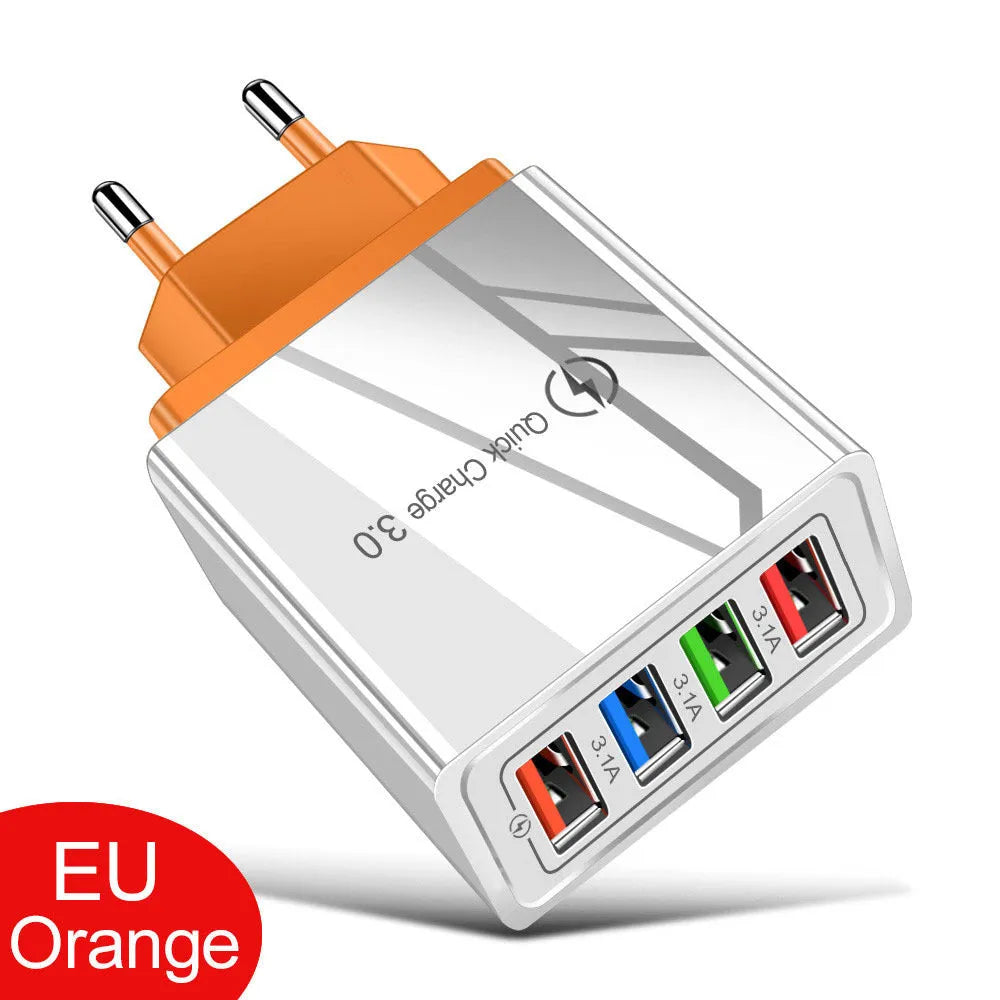 Intelligent 3A mobile phone charging head with luminous indicators showing four USB ports