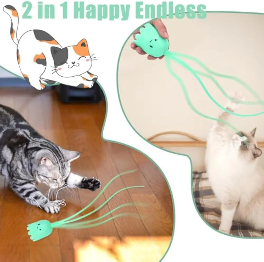 Green electronic cat wand toy with moving silicone tails for indoor cat play
