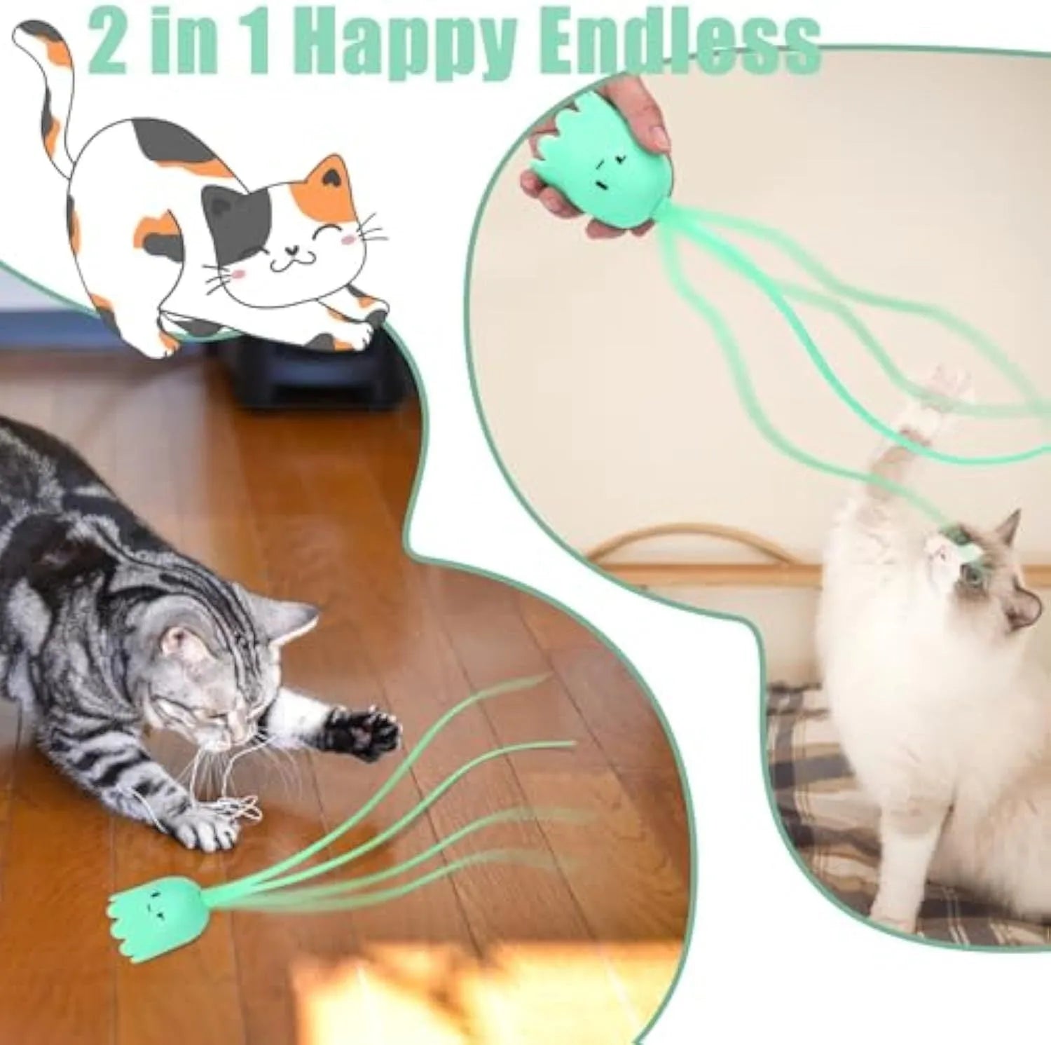 Green electronic cat wand toy with moving silicone tails for indoor cat play