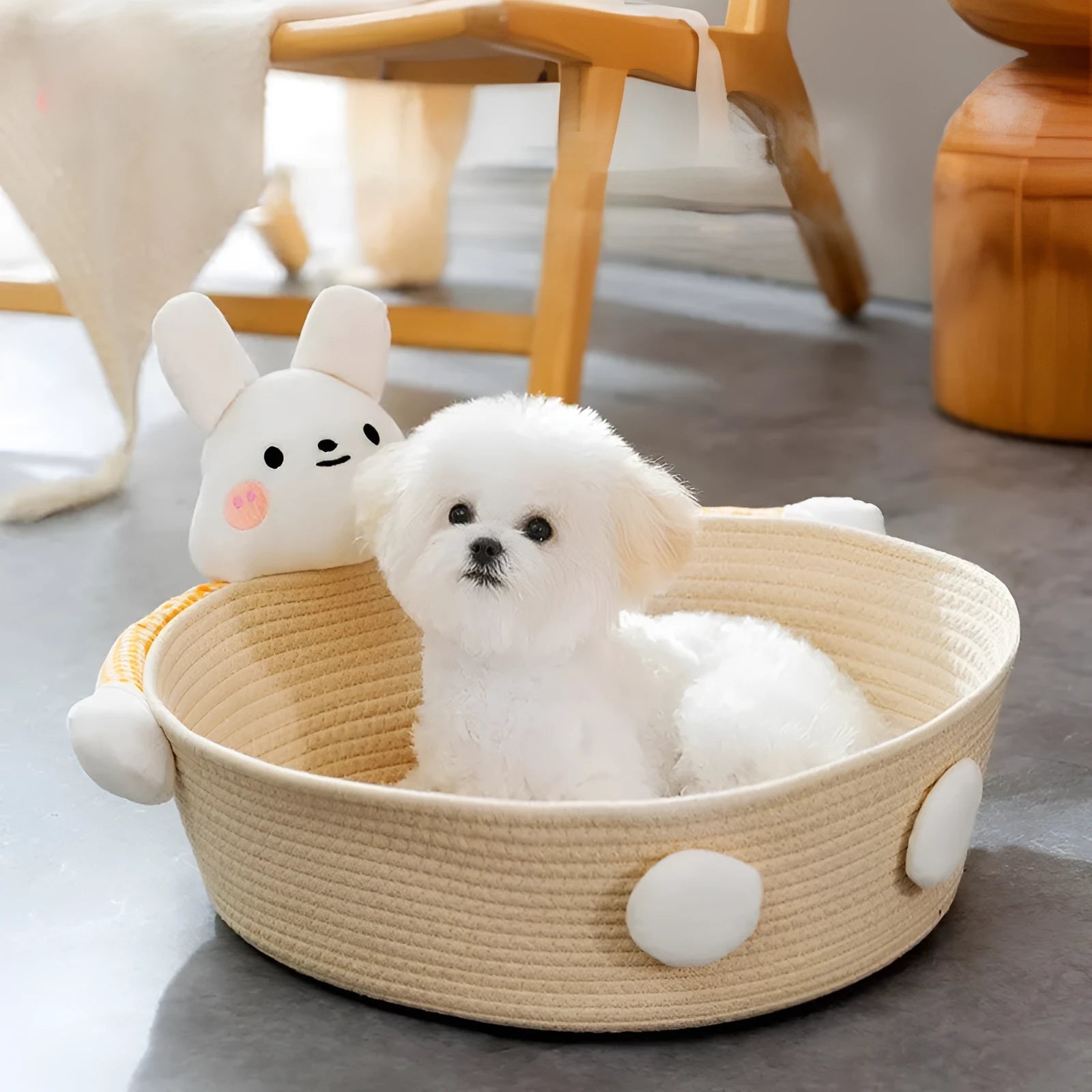 Woven cotton rope cat bed with scratching board in bear design, showing basket shape with textured surface