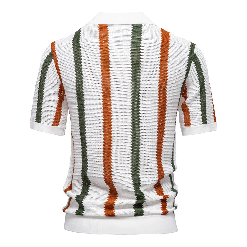 Men's short-sleeved polo shirt sweater with stripe pattern mosaic design in breathable hollow fabric