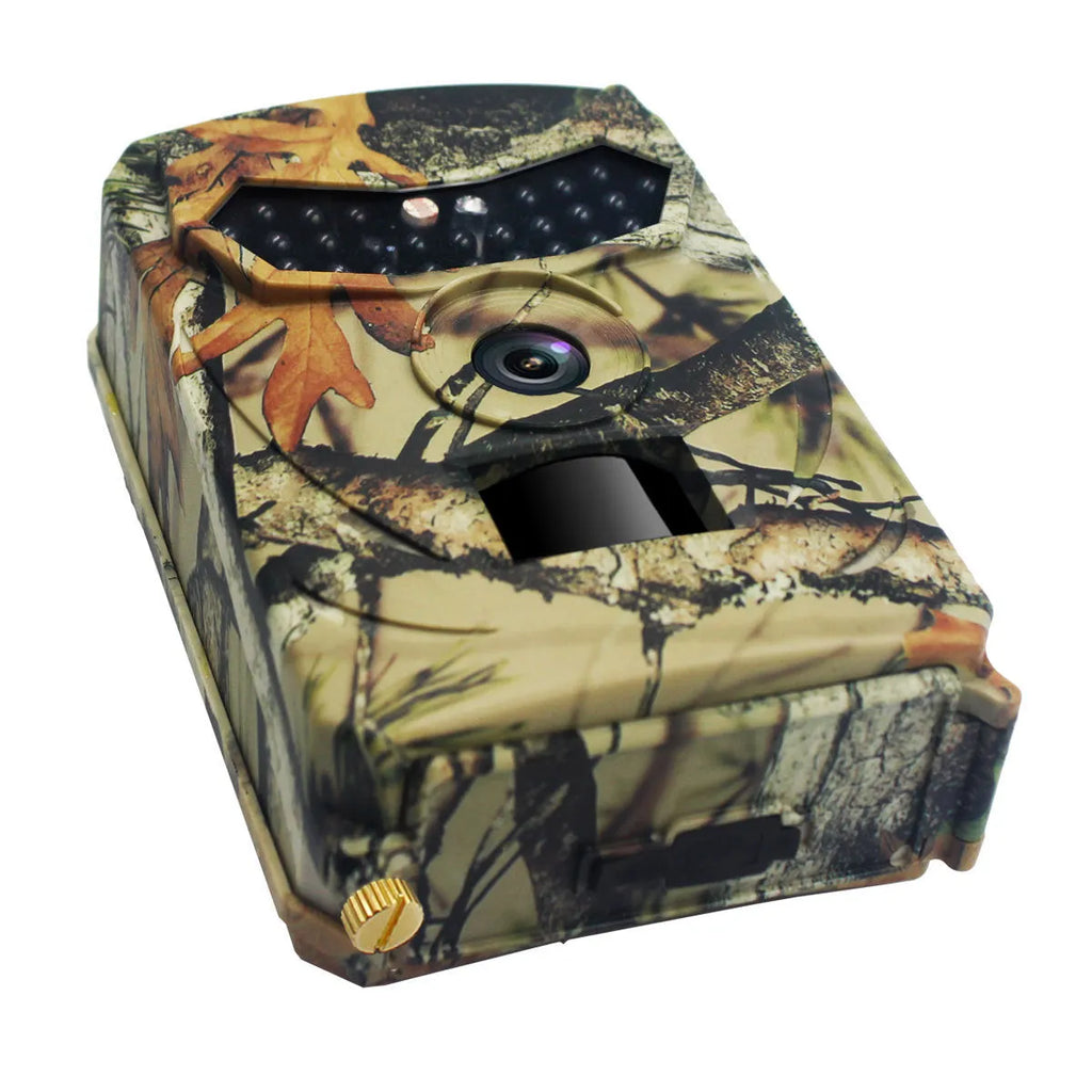 Yellow brown plastic hunting game camera with wide lens showing dimensions 135x90x55mm