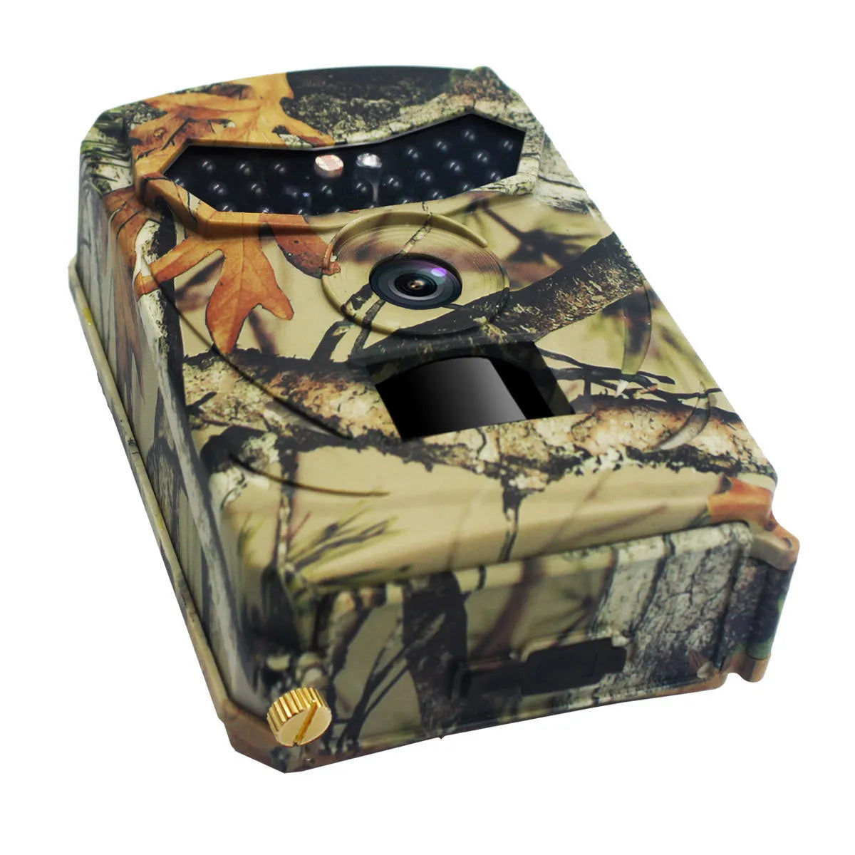 Yellow brown plastic hunting game camera with wide lens showing dimensions 135x90x55mm