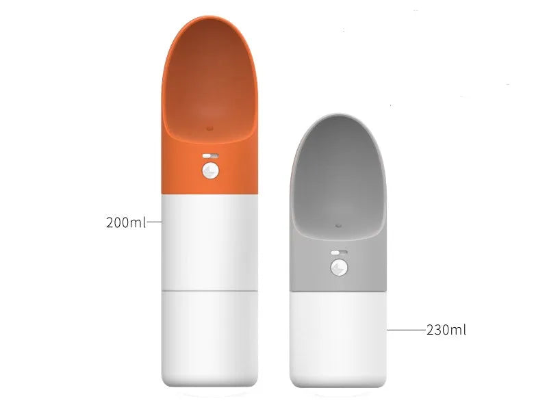 White and grey Moestar Rocket shaped pet water bottle with cup head and lock button.