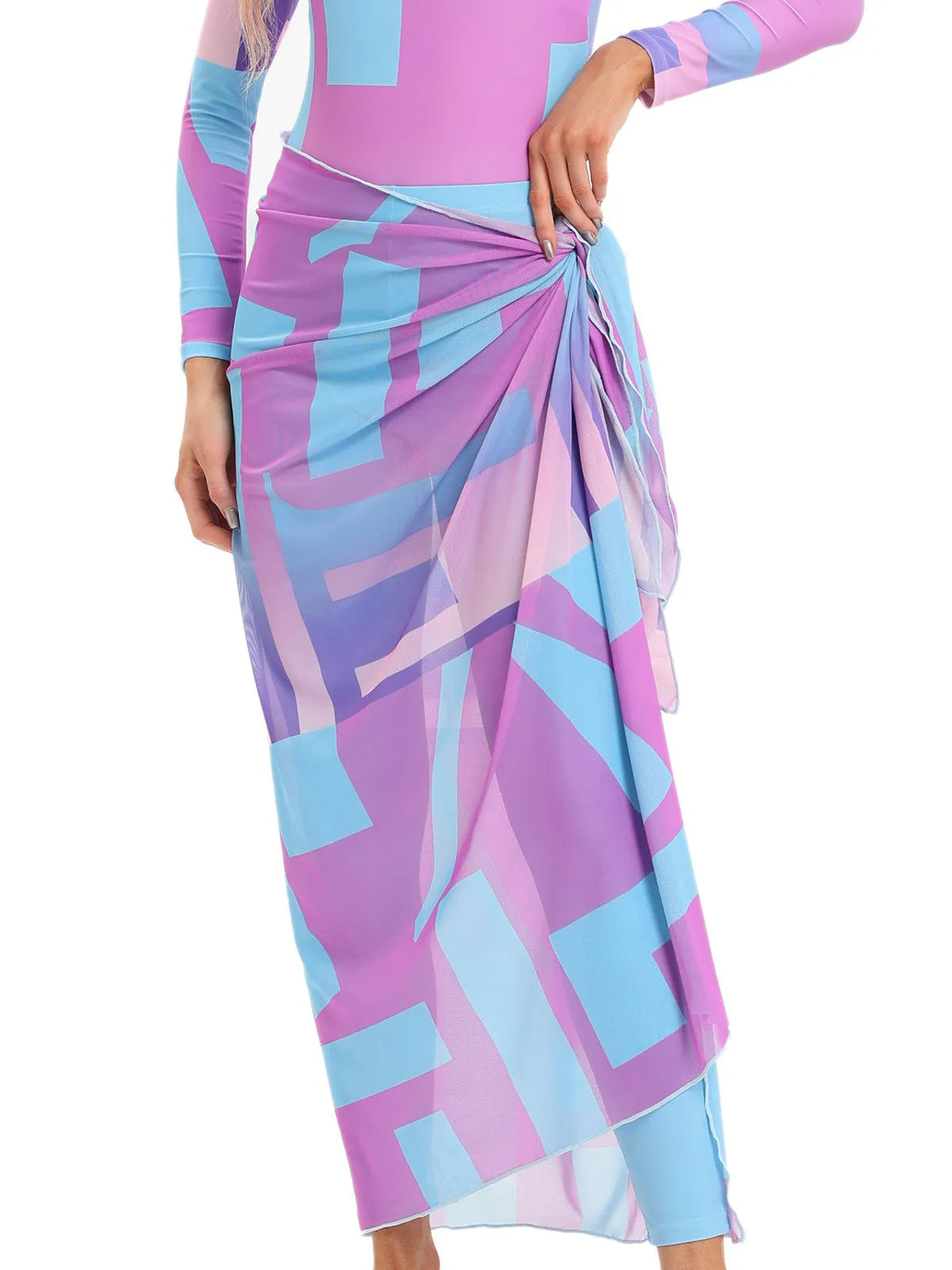 Conservative Muslim swimsuit three-piece set with apron in blue, white, or light green colour options.