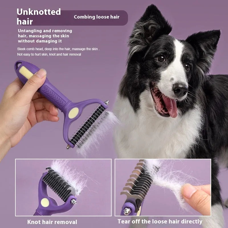 Purple double-sided plastic pet grooming comb with knot-untangling teeth on one side and smoother brushing side